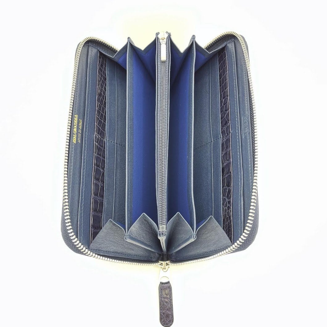 クロコダイル 長財布新品 ミッドナイトブルー ラウンドファスナー  実物撮影 ハンドメイド 一枚革 sankyo shokai（三京商会） ［割引クーポン発行中］クロコダイル